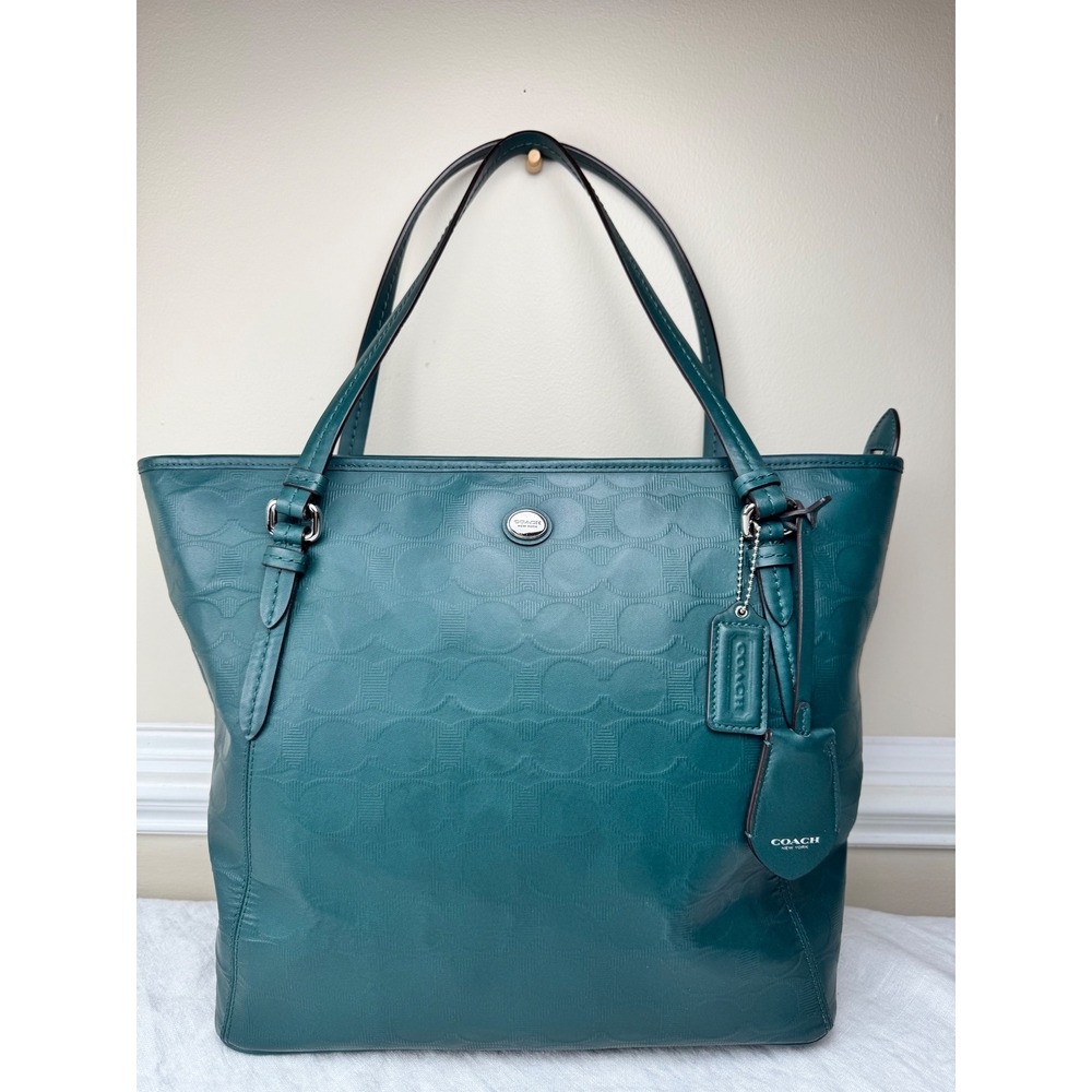 Coach Ava Tote Teal Green Debossed Signature C Leather Bag F31404 Y2K Purse